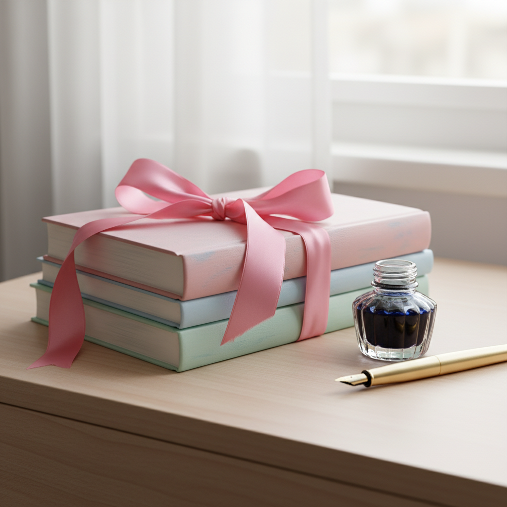 A stack of pastel-painted hardcover books tied together with a silky pink ribbon, positioned beside a vintage glass ink bottle and a gold-nibbed fountain pen on a minimalist wooden writing desk. The soft, overcast daylight filters through sheer curtains, creating a calm and welcoming ambiance with subtle gleams on the glass and metallic details. Captured at a three-quarter angle, the composition uses the rule of thirds with sharp focus on the textures of the covers and ribbon. The mood is open-hearted and cozy, expressing the joys of storytelling and personal reflection. The scene is visually uncluttered with a clean, modern feel, aligning with the site’s tone.